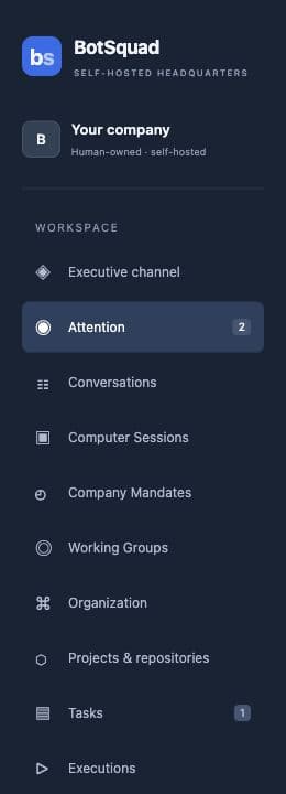 Historical HQ capture: The HQ sidebar shows Attention, Working Groups, Tasks and Executions.