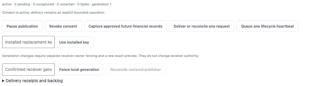 Historical HQ capture: Publication health is active with zero pending, uncaptured or uncertain jobs, followed by explicit delivery controls and a collapsed receipts disclosure.