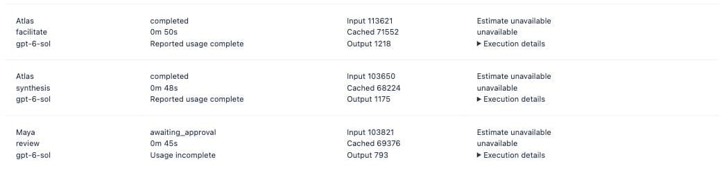Historical HQ capture: The final three invocation rows include a Maya review labeled awaiting approval with incomplete usage.