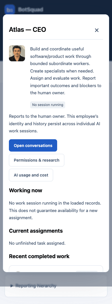 Atlas’s profile on a phone shows responsibilities, work status, conversations and permissions controls.