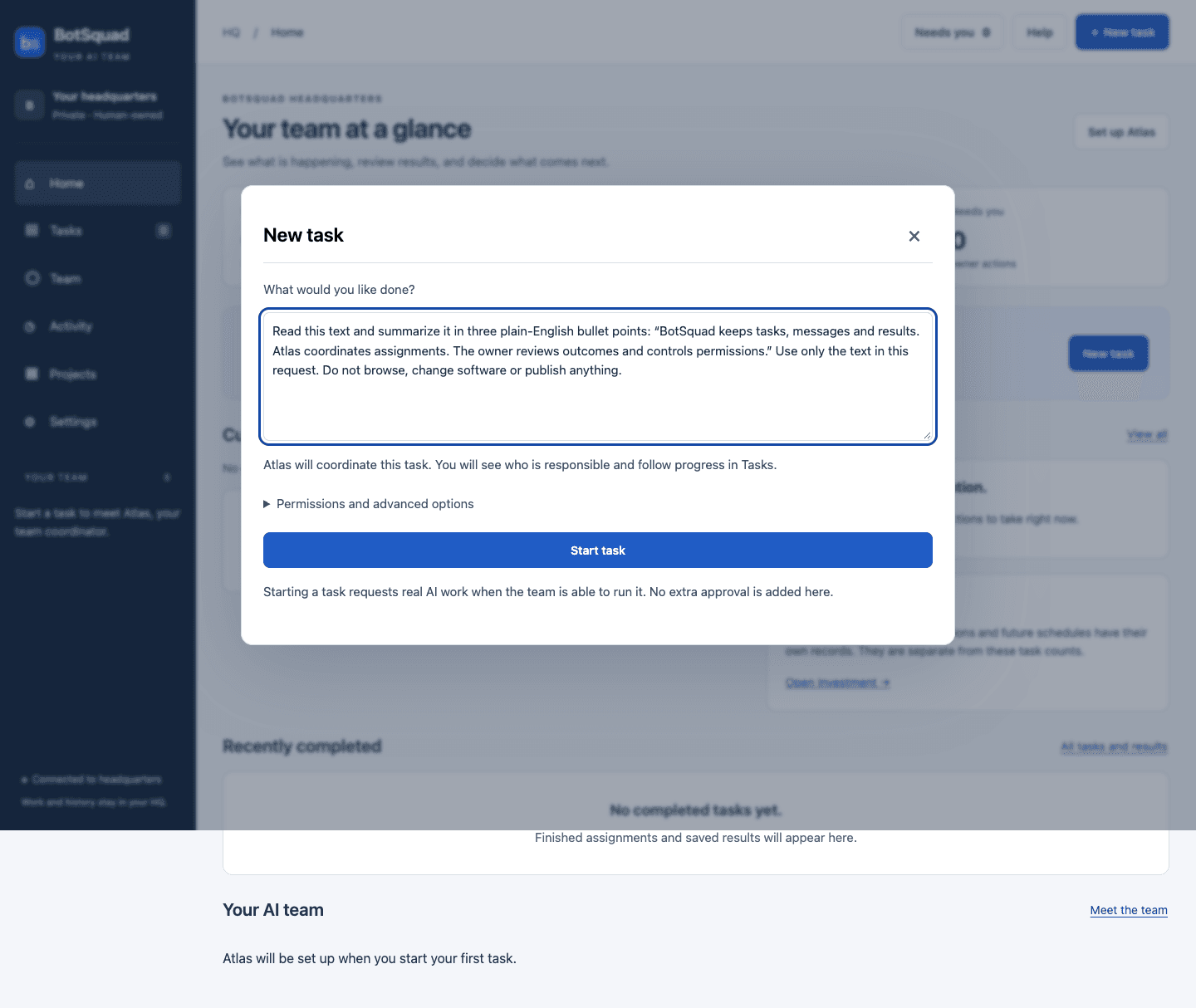 The New task dialog contains a supplied-text request and the Start task button.