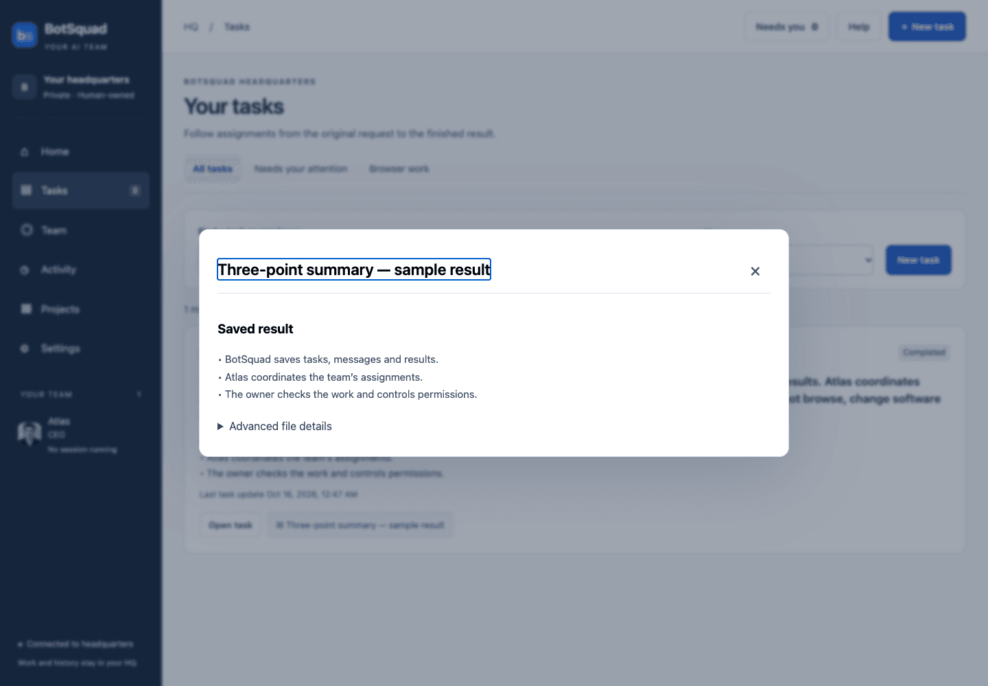A saved sample result contains three bullet points grounded in the tutorial text.