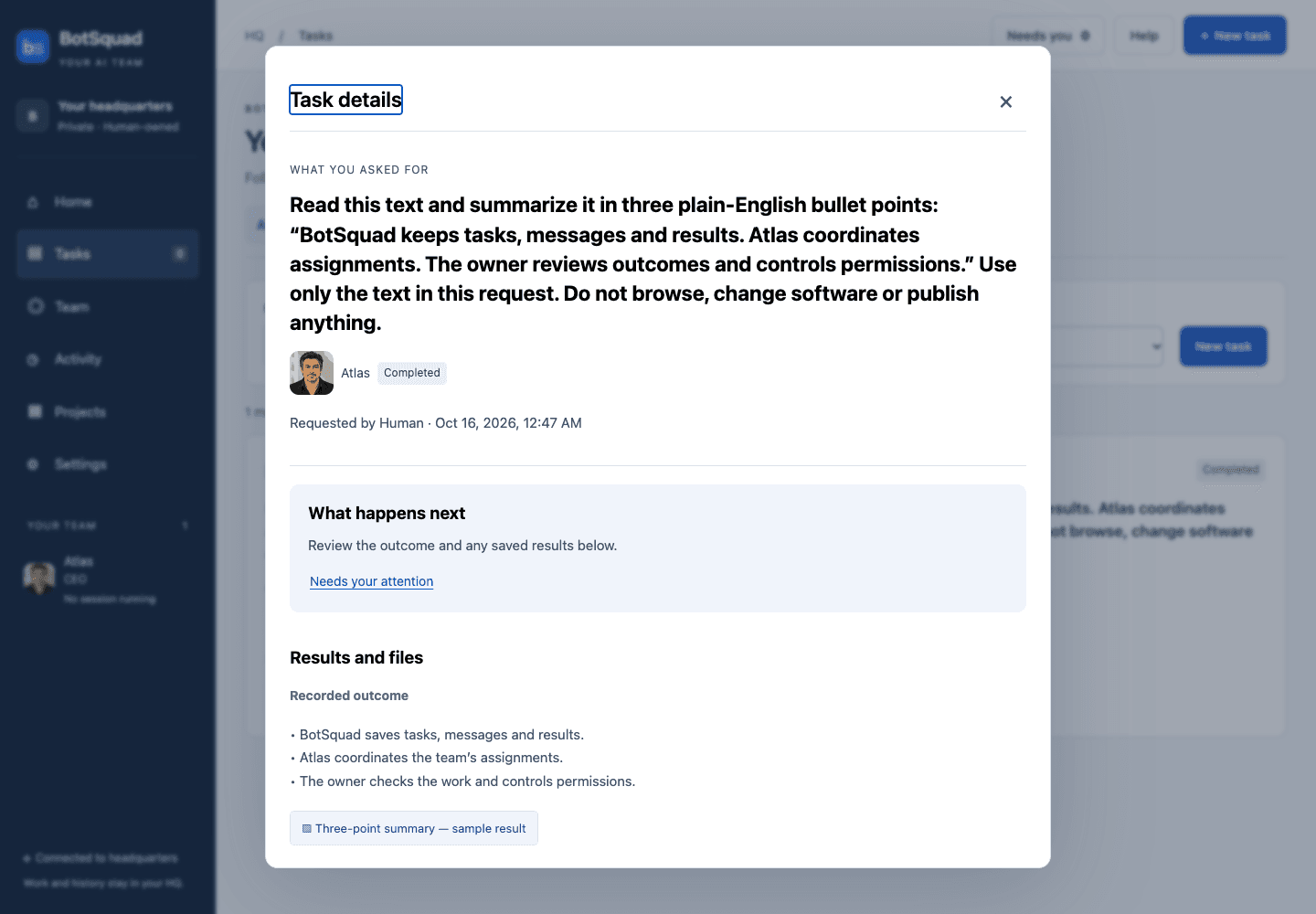 A completed sample task shows its request, responsible employee, recorded outcome and saved summary.