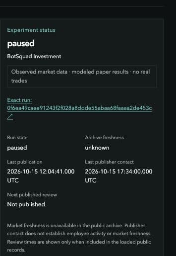 The public run status shows paused, unknown archive freshness and distinct publication and publisher-contact times.