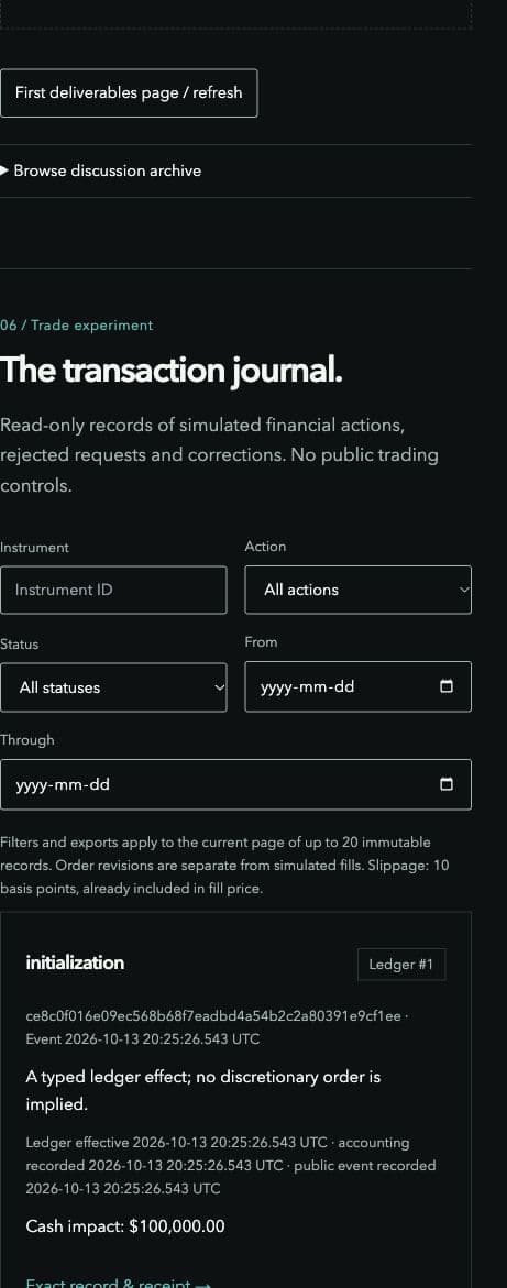 The public transaction journal shows the initial simulated capital posting and its exact-record link.