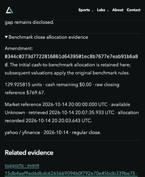 The public exact valuation shows the benchmark closing allocation, retrieval time and later accounting time.